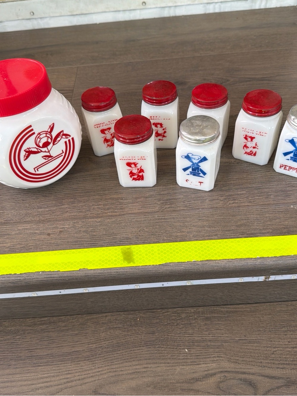 Vintage White Milk Glass Spice Jar Set with Red Lids + AH Red Circle Grease Jar